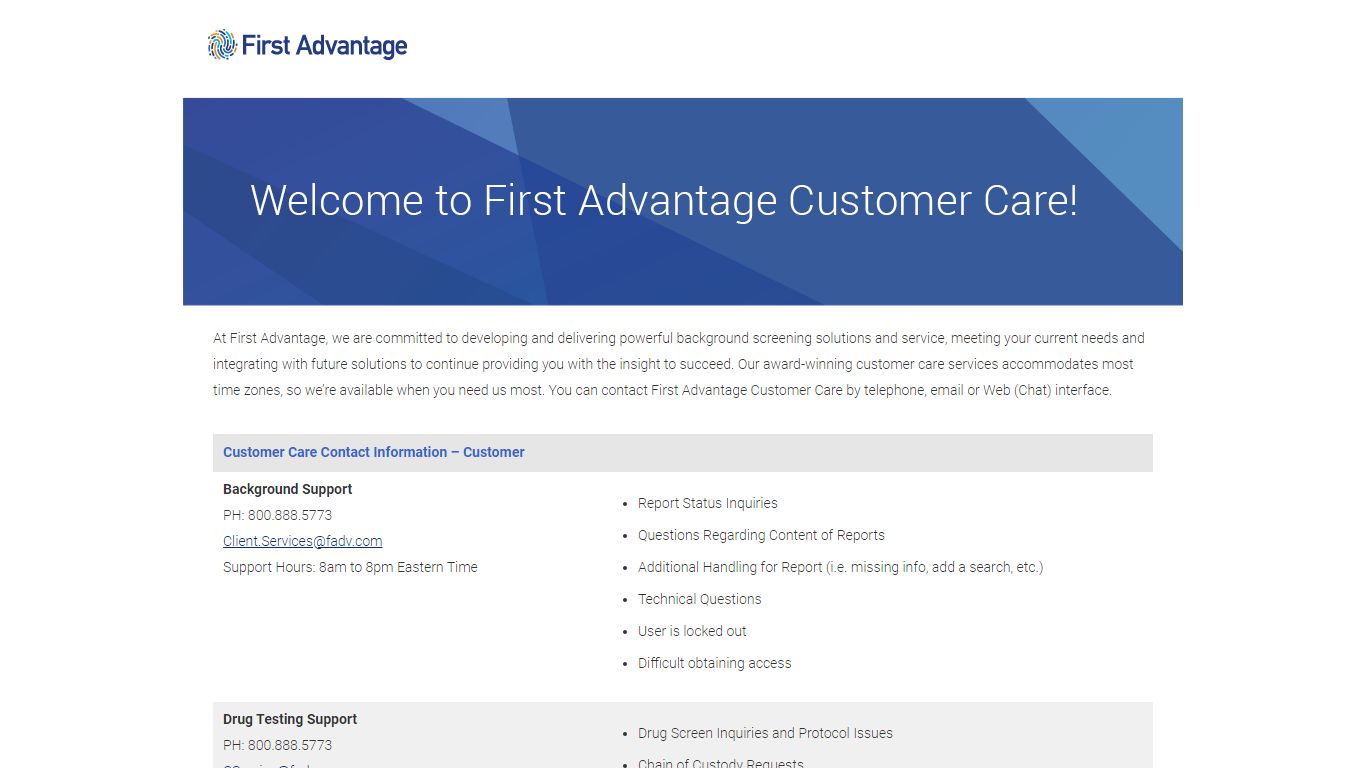 Welcome to First Advantage Customer Care! - Oracle